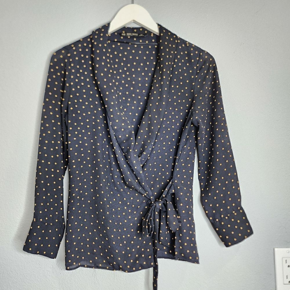 Zara black and gold polkadot tie blouse